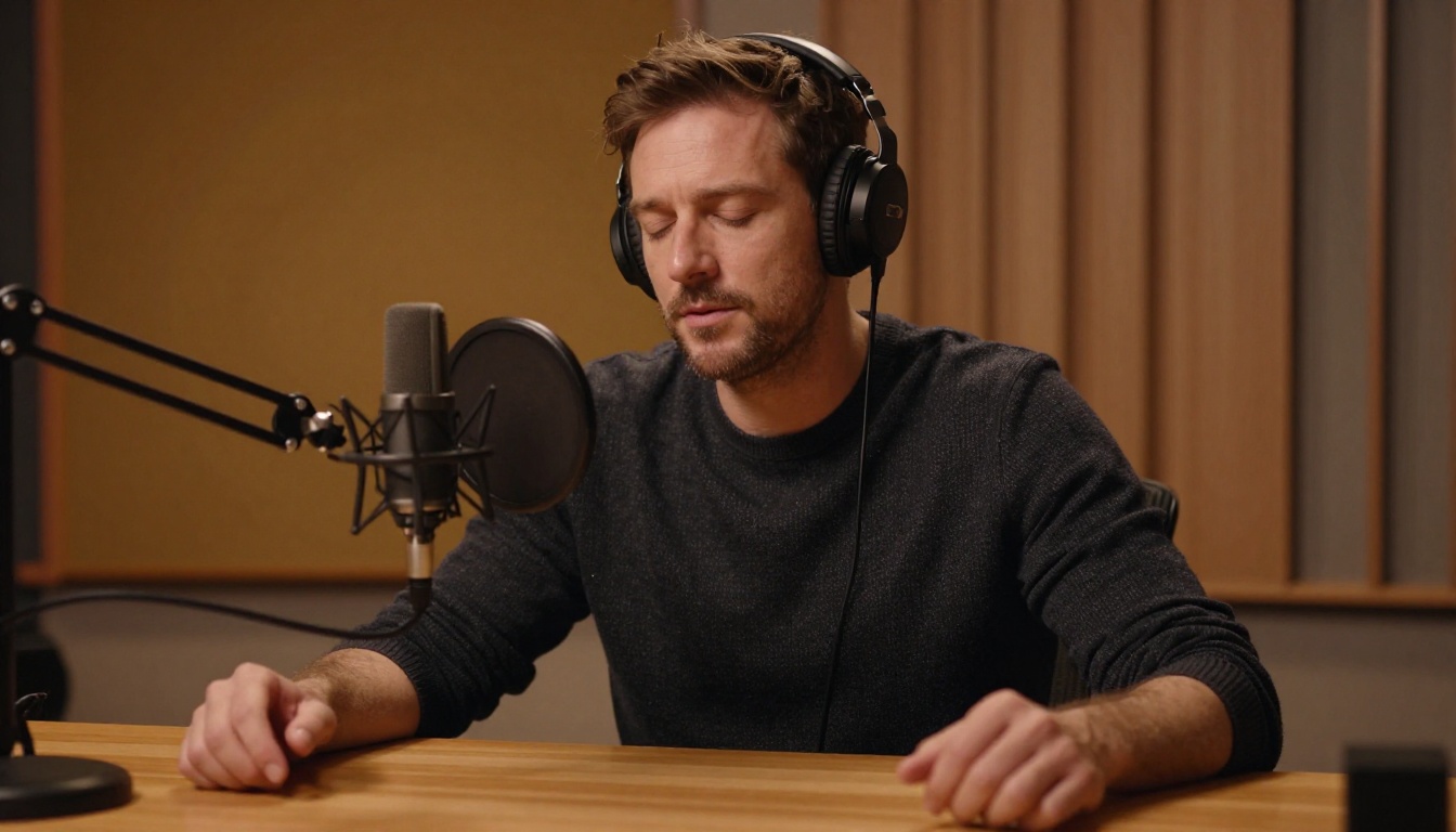 Male narrator recording voiceover with eyes closed in professional studio Male narrator recording voiceover with eyes closed in professional studio