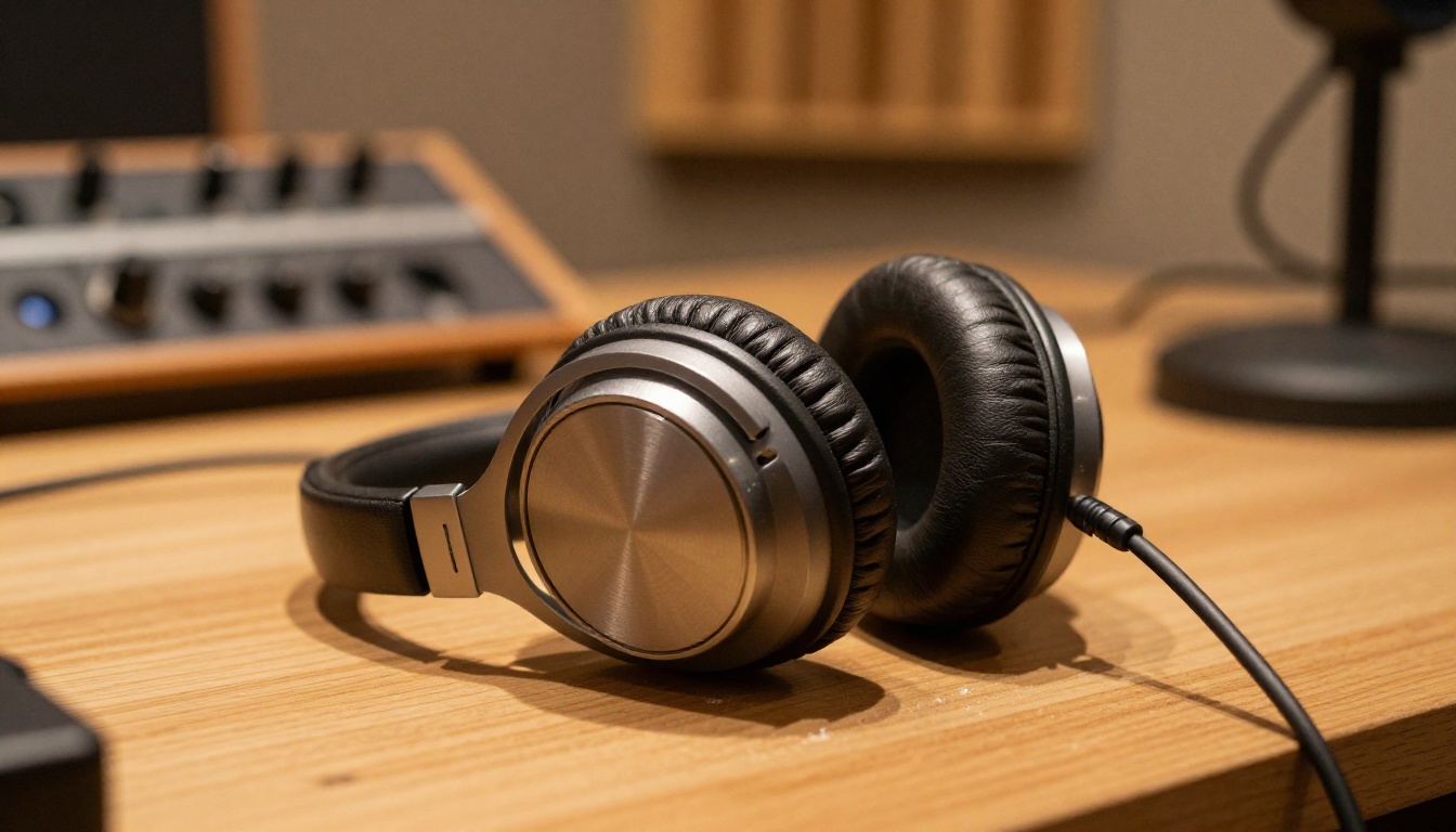 Premium over-ear headphones resting on wooden studio desk with warm lamp light Premium over-ear headphones resting on wooden studio desk with warm lamp light