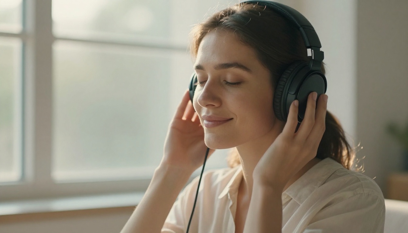 Woman listening through headphones by window with soft afternoon daylight Woman listening through headphones by window with soft afternoon daylight