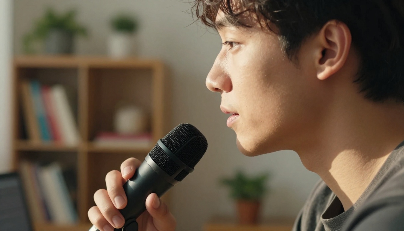 Side profile of person speaking into USB microphone in warm home office