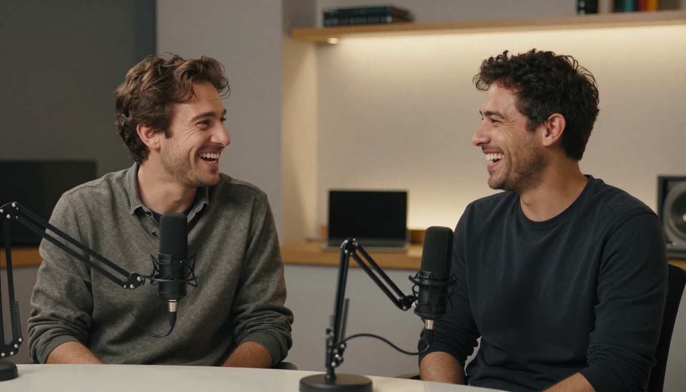 Two people in professional podcast studio having animated natural conversation