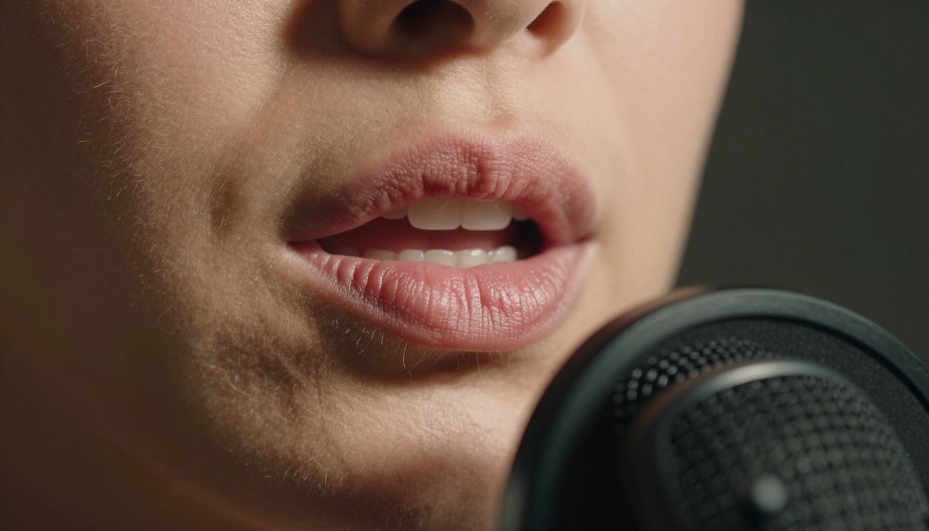Close-up of woman's lips at studio microphone with sharp directional side lighting