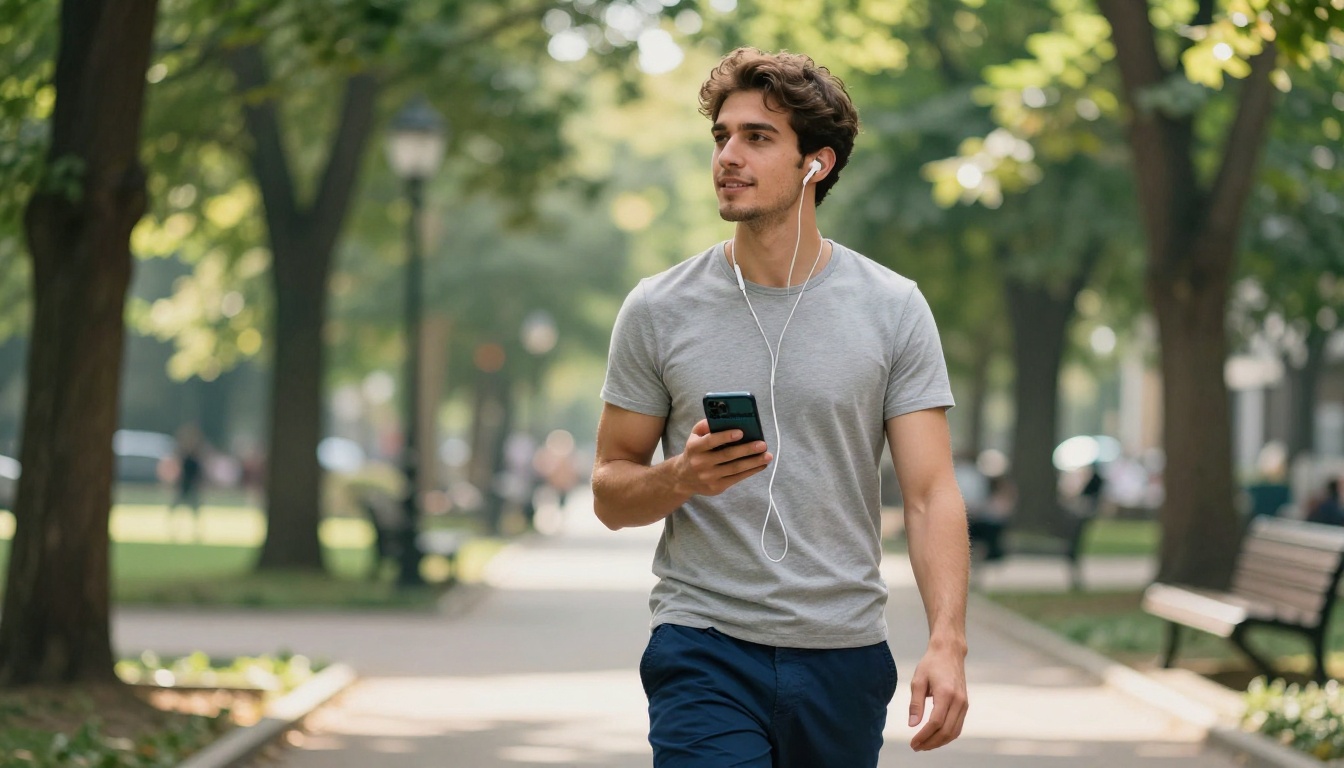 Man walking in park listening to article