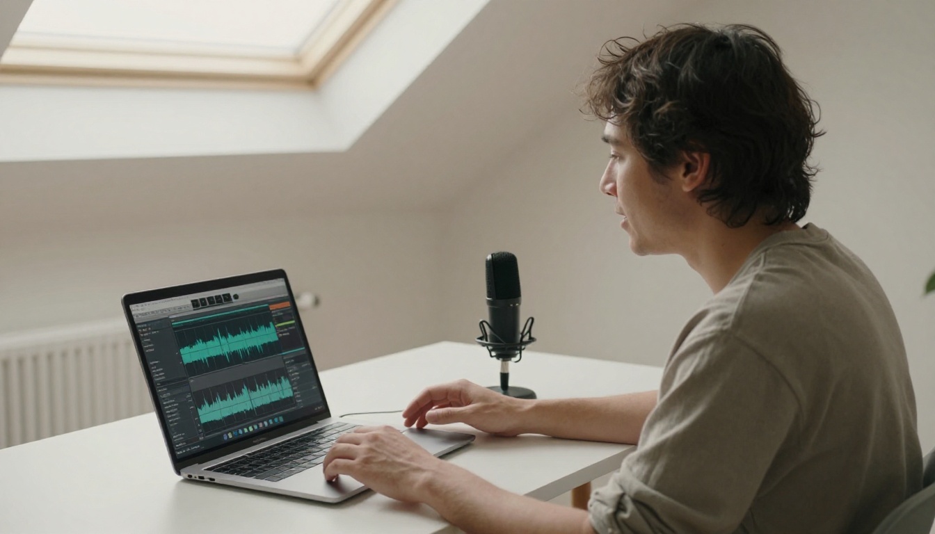 Content creator speaking into compact microphone with laptop showing audio waveform