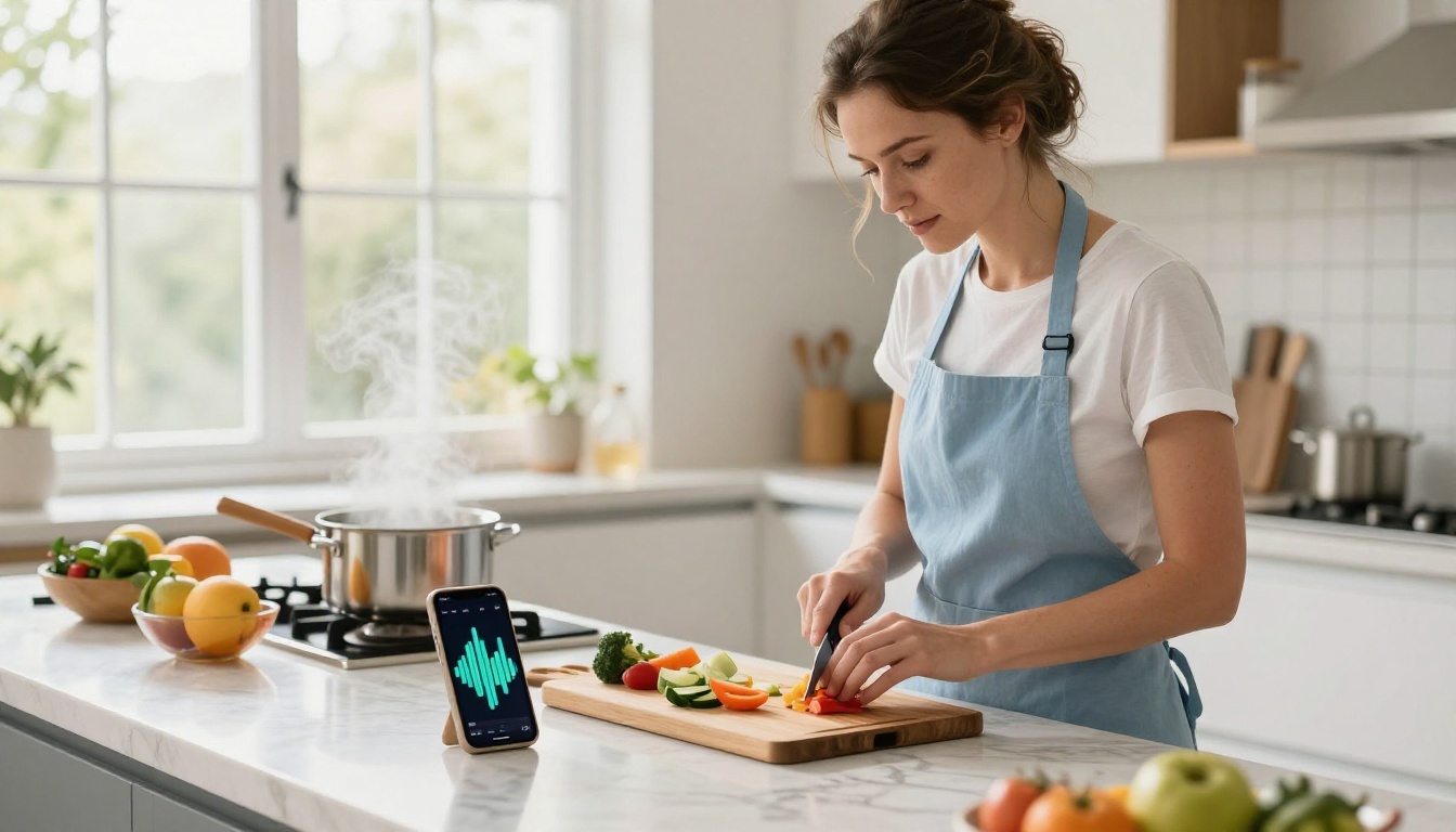 Woman multitasking while listening to article