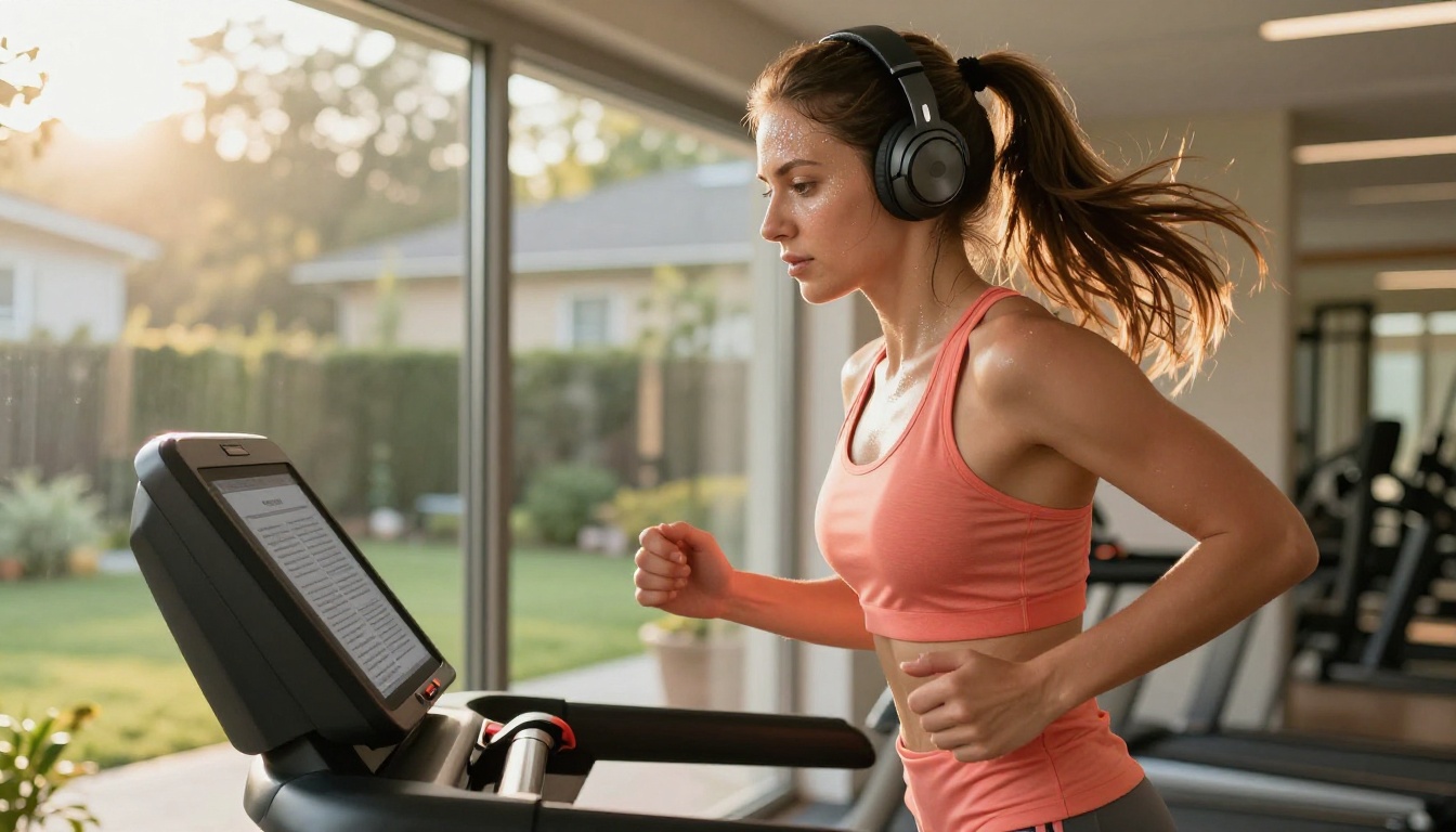 Woman jogging while listening to article Woman jogging while listening to article