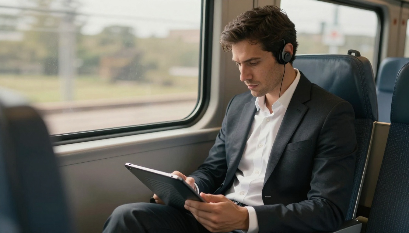 Business professional commuting with tablet Business professional commuting with tablet