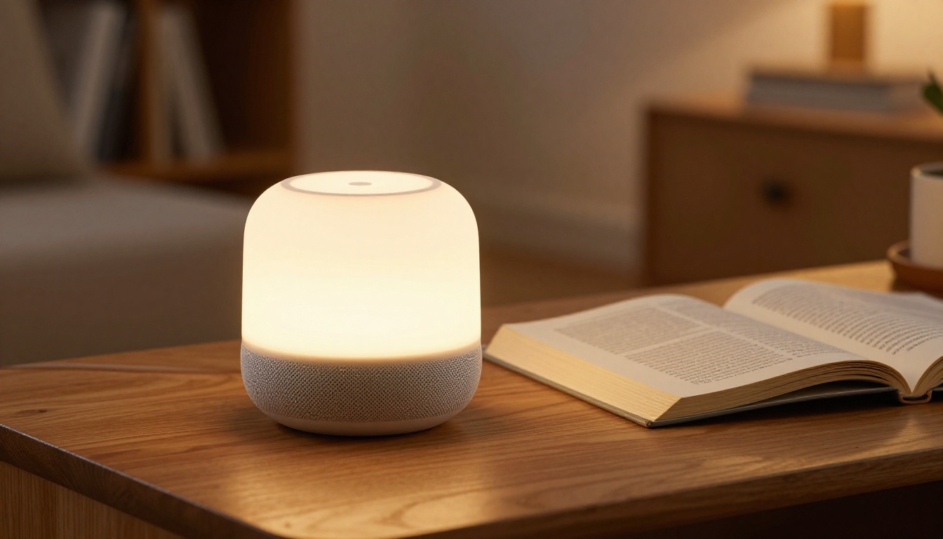 Smart speaker on desk with article Smart speaker on desk with article