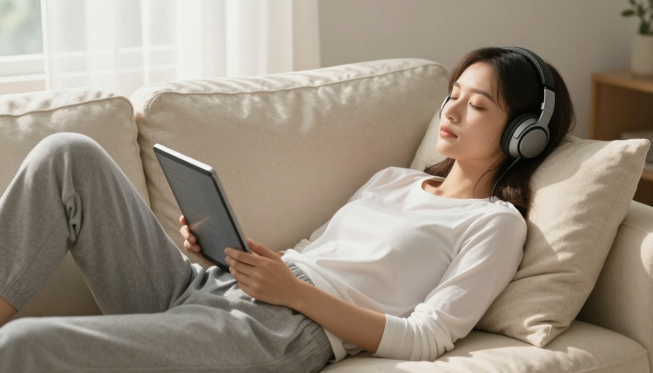 Woman listening to article on sofa