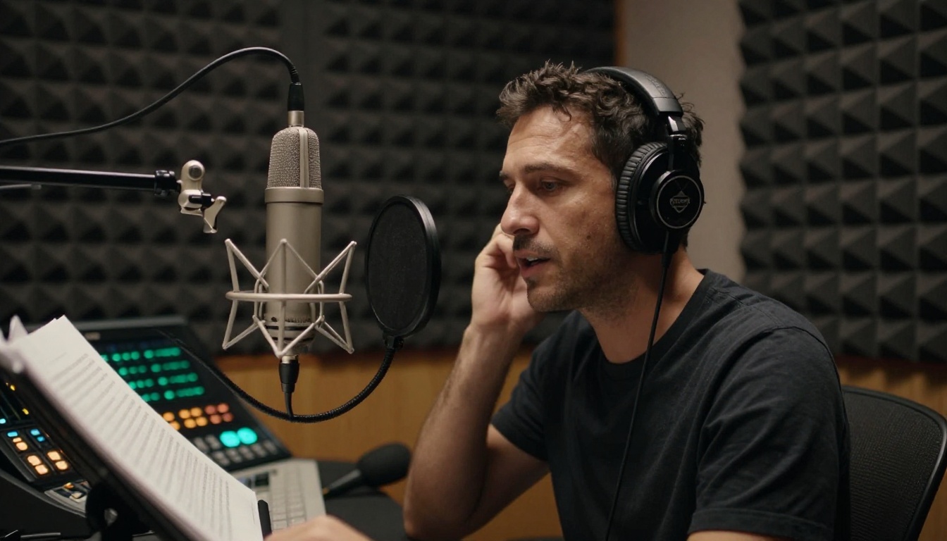 Professional narrator in a broadcast booth