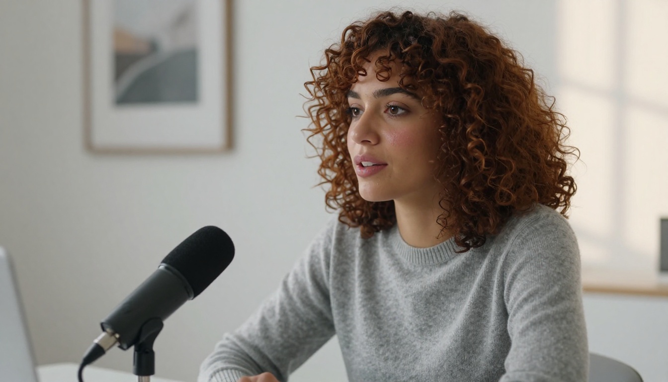 Woman speaking into USB microphone for voice reference