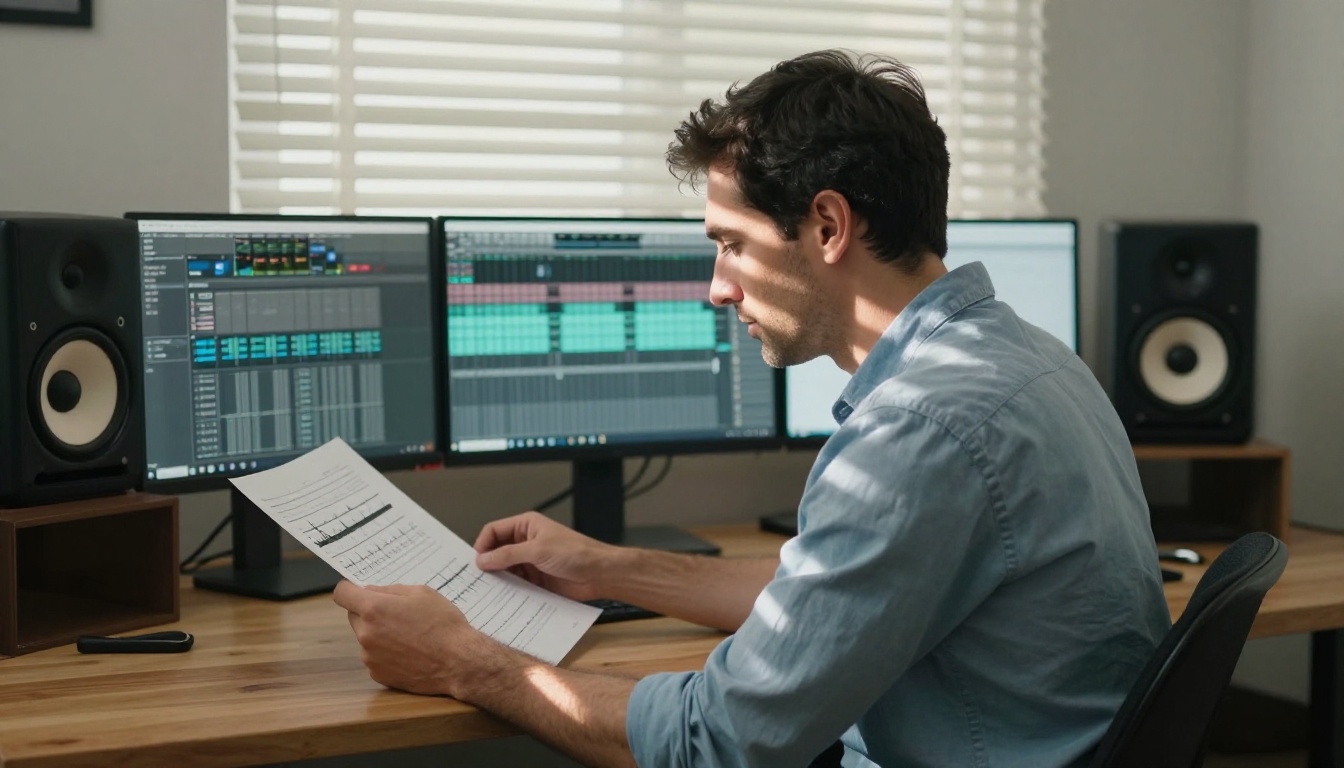 Man reviewing audio waveforms at workstation