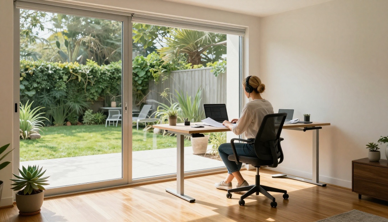 Woman reviewing documents in bright home office