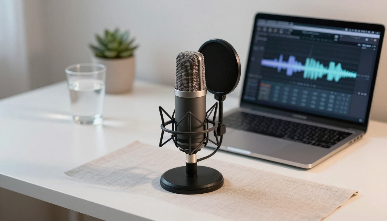 A minimalist home recording setup with a condenser microphone, MacBook, and succulent plant A minimalist home recording setup with a condenser microphone, MacBook, and succulent plant