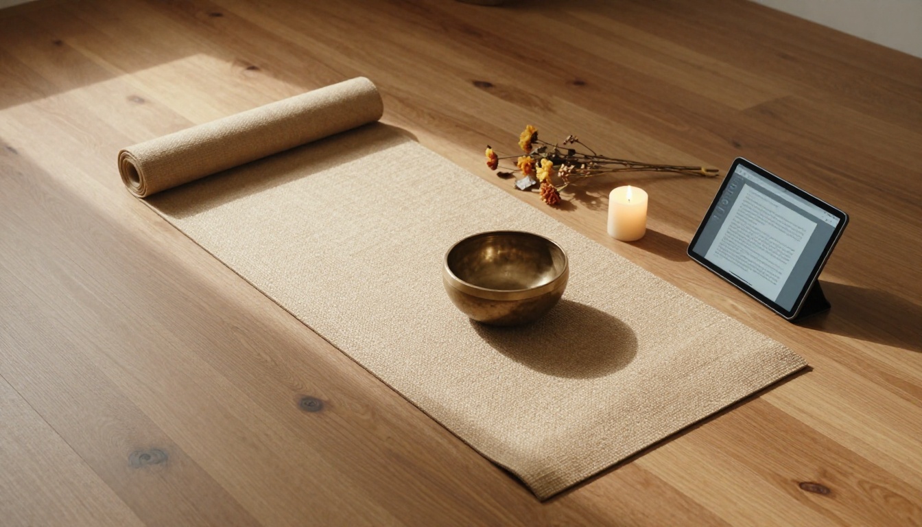 Aerial view of a meditation space with yoga mat, singing bowl, and a tablet showing a script Aerial view of a meditation space with yoga mat, singing bowl, and a tablet showing a script