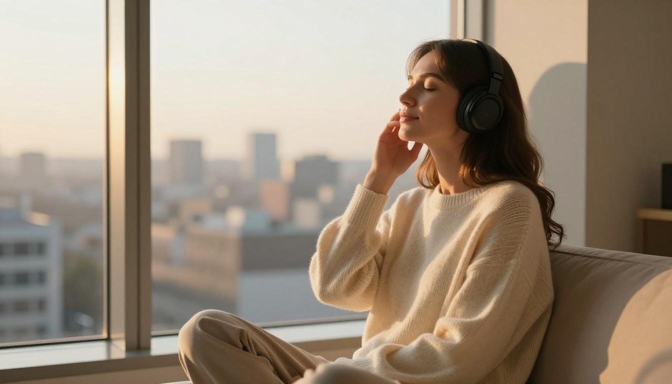 A woman with headphones sitting by a window in a meditative state, golden afternoon light A woman with headphones sitting by a window in a meditative state, golden afternoon light