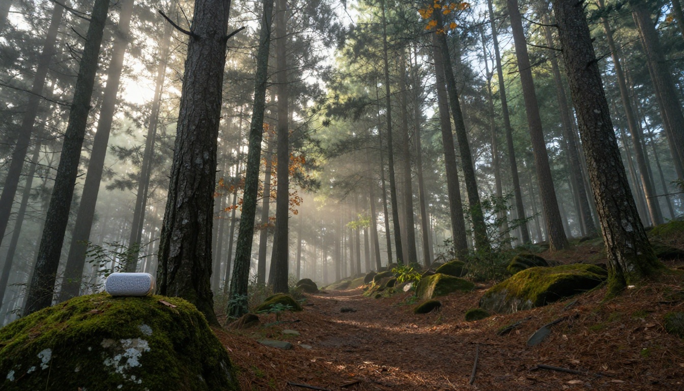 Forest path with morning mist and a Bluetooth speaker resting on a mossy rock Forest path with morning mist and a Bluetooth speaker resting on a mossy rock