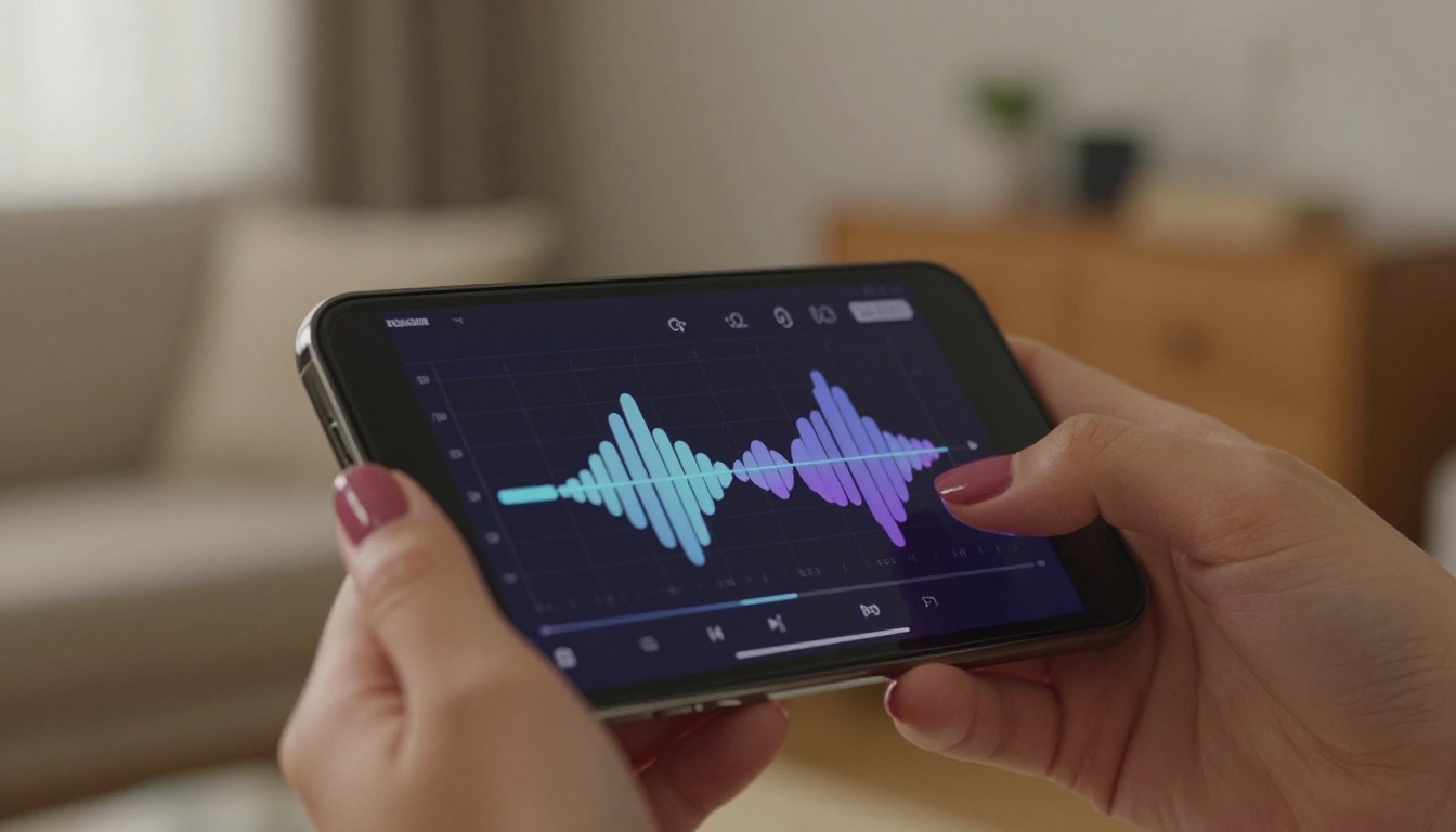 Close-up of a smartphone showing a waveform audio playback interface held in a woman's hand Close-up of a smartphone showing a waveform audio playback interface held in a woman's hand