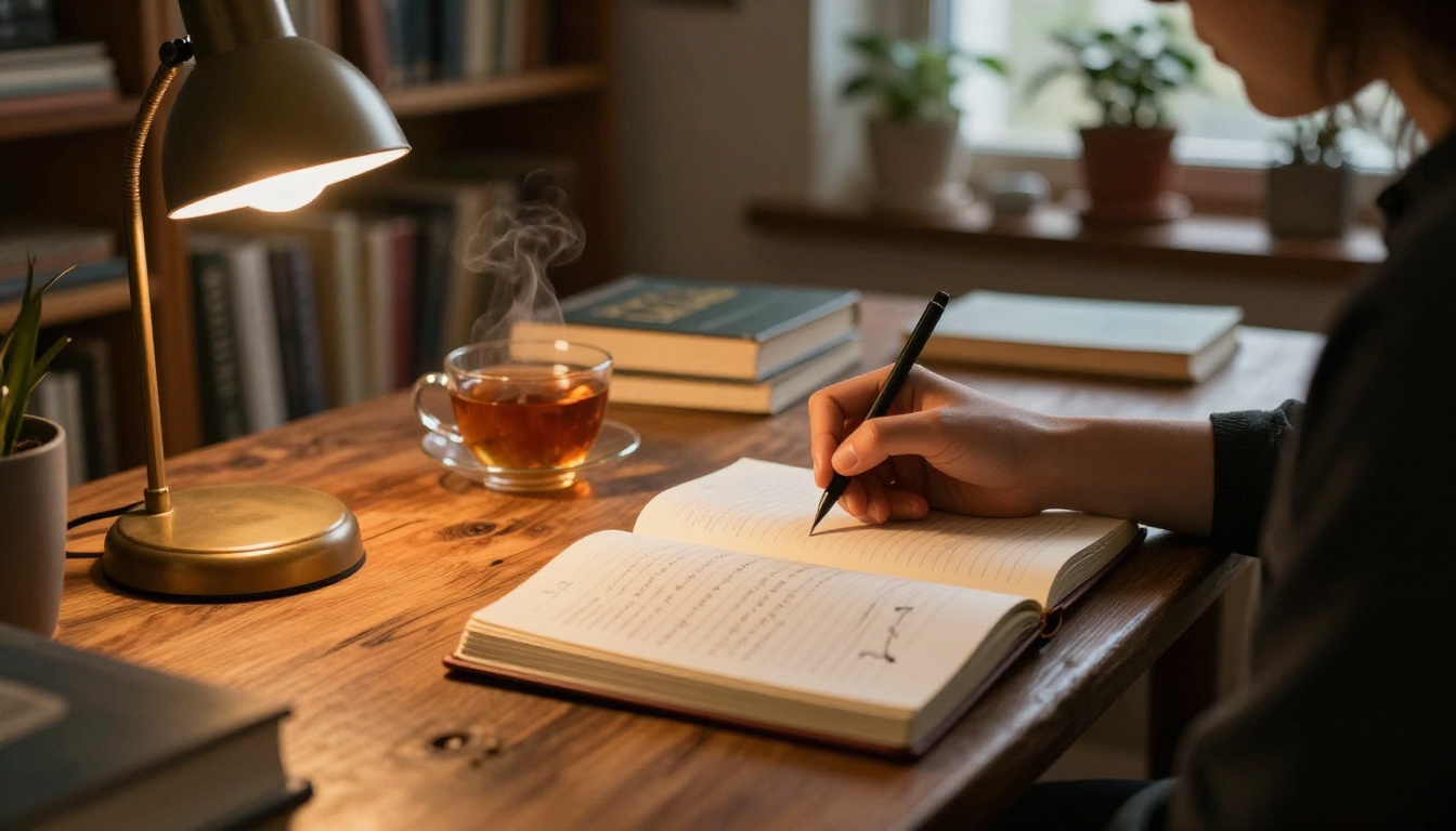 A person writing in a journal by warm amber lamp light with herbal tea nearby A person writing in a journal by warm amber lamp light with herbal tea nearby