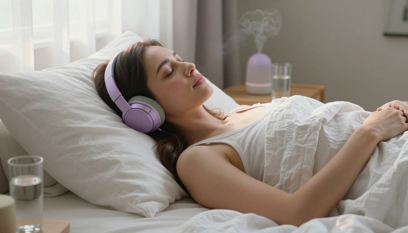 A woman lying in bed with headphones on, soft lavender morning light through thin curtains A woman lying in bed with headphones on, soft lavender morning light through thin curtains