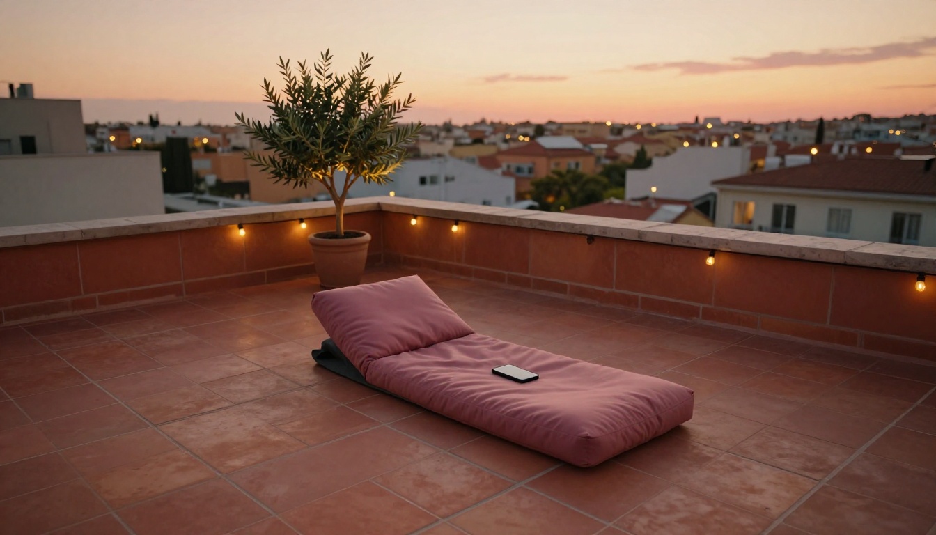 Rooftop terrace at sunset with a meditation cushion facing the city horizon in warm golden light Rooftop terrace at sunset with a meditation cushion facing the city horizon in warm golden light