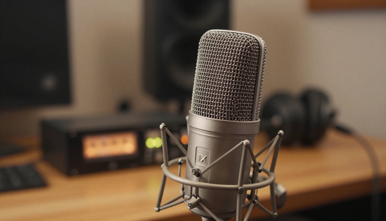 Close-up macro shot of a large silver condenser microphone in sharp focus with warm studio lighting and audio interface in the background