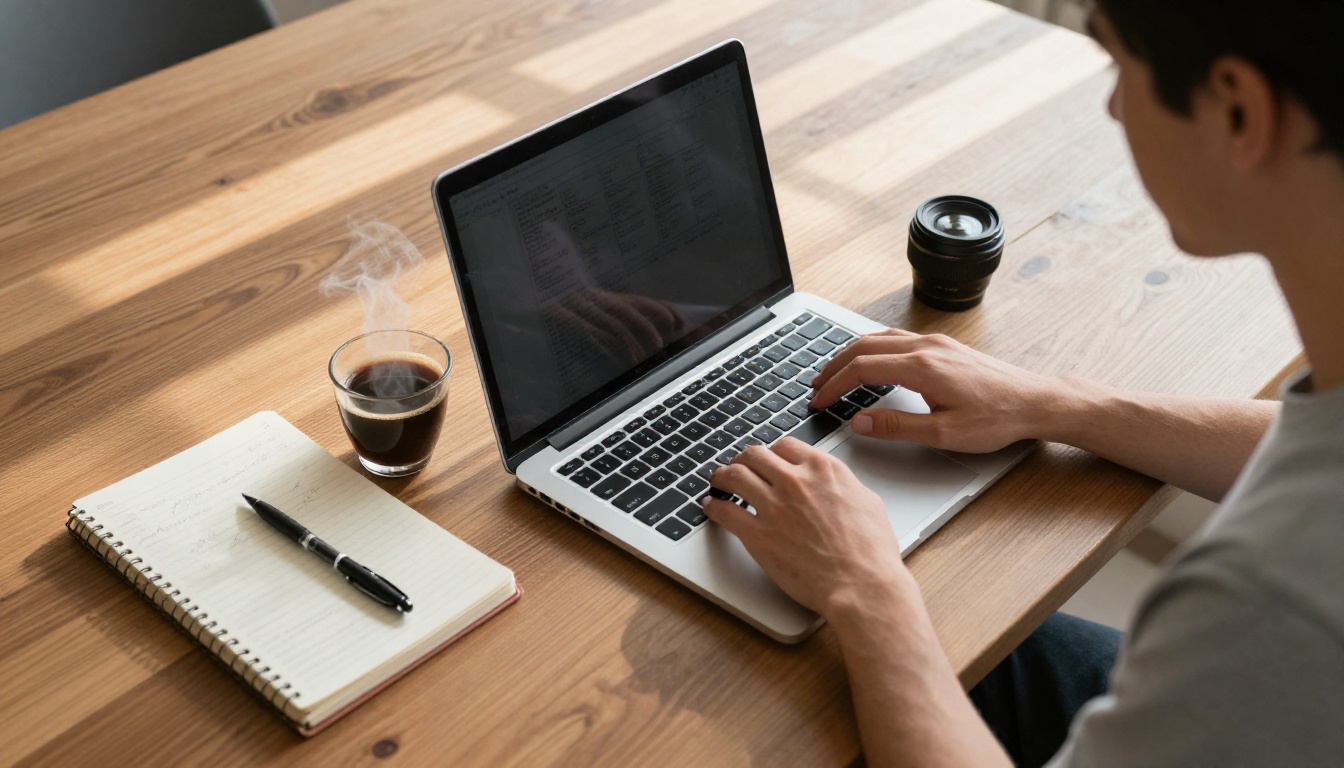 Aerial view of a content creator typing blog content on a laptop at a wooden table with coffee and handwritten notes