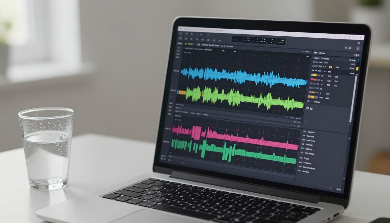 A laptop screen displaying professional audio waveform editing software with colorful frequency bars and a clean dark interface