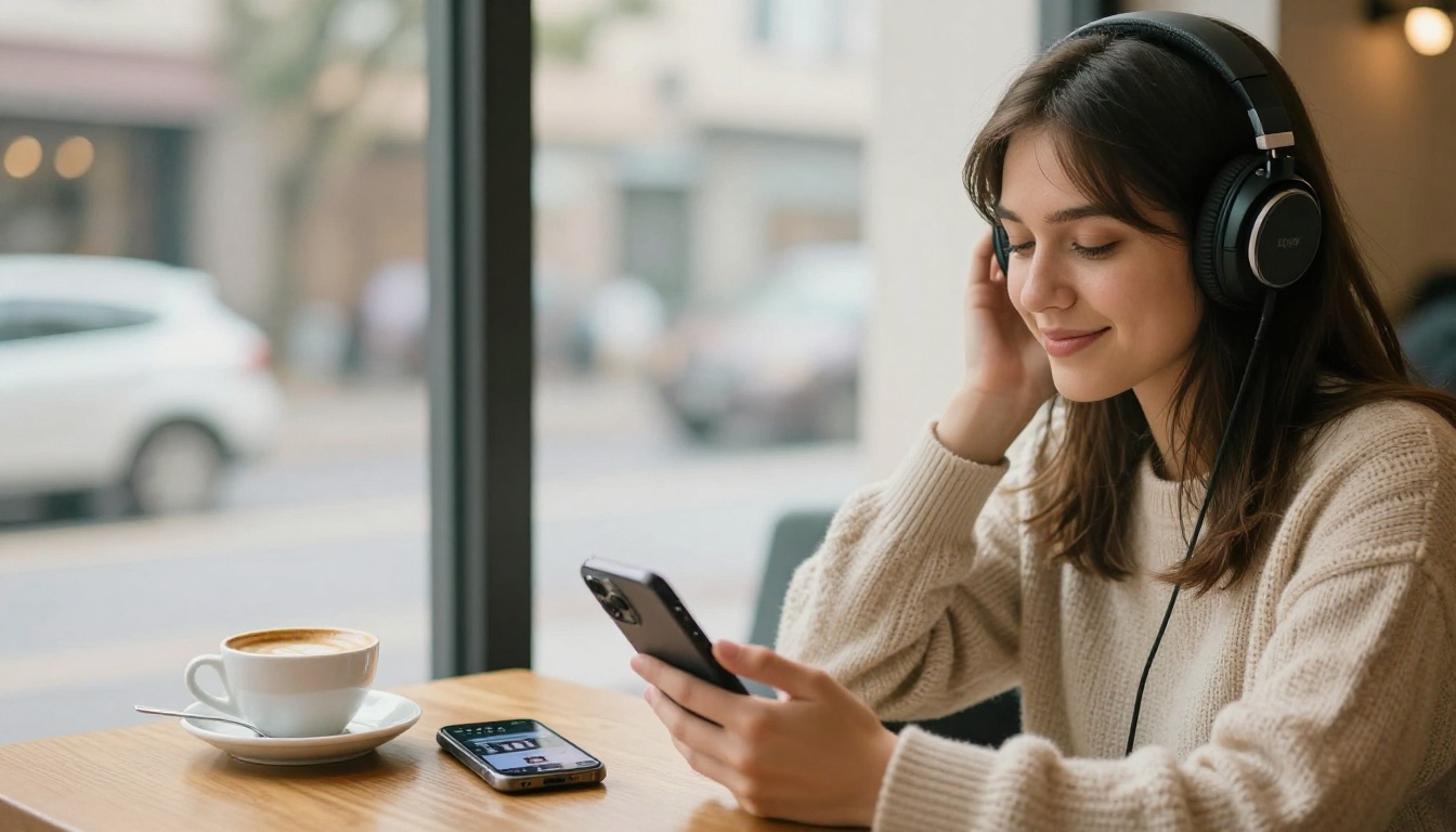 A young woman sitting in a cozy coffee shop listening to headphones with a podcast app visible on her phone beside a latte