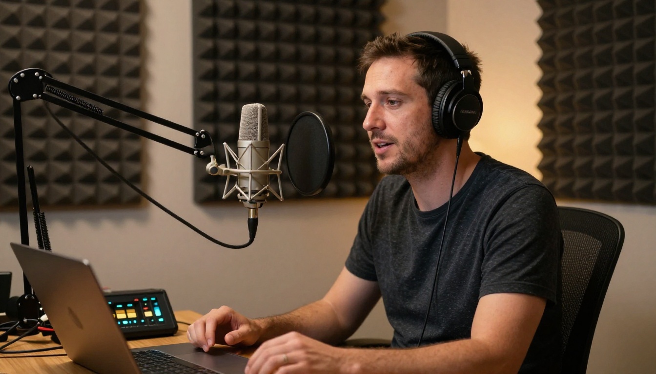 A professional male podcaster recording in a treated home studio with acoustic foam panels, audio interface, and over-ear headphones