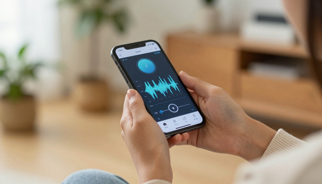 Low-angle close-up view of a woman's hands holding a smartphone displaying a waveform audio player interface with soft background bokeh