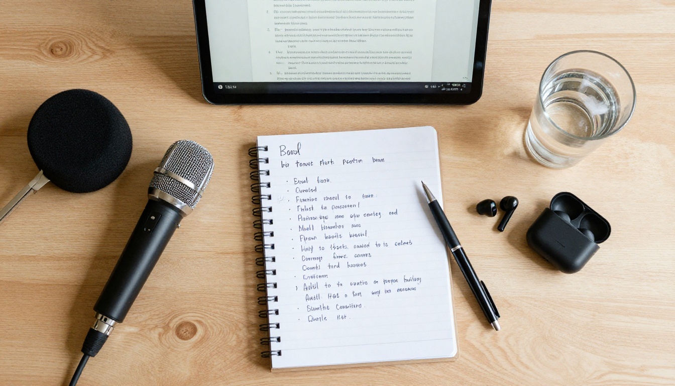 An overhead flat-lay of a podcasting workspace with open laptop, USB microphone, notebook with bullet notes, and wireless earbuds