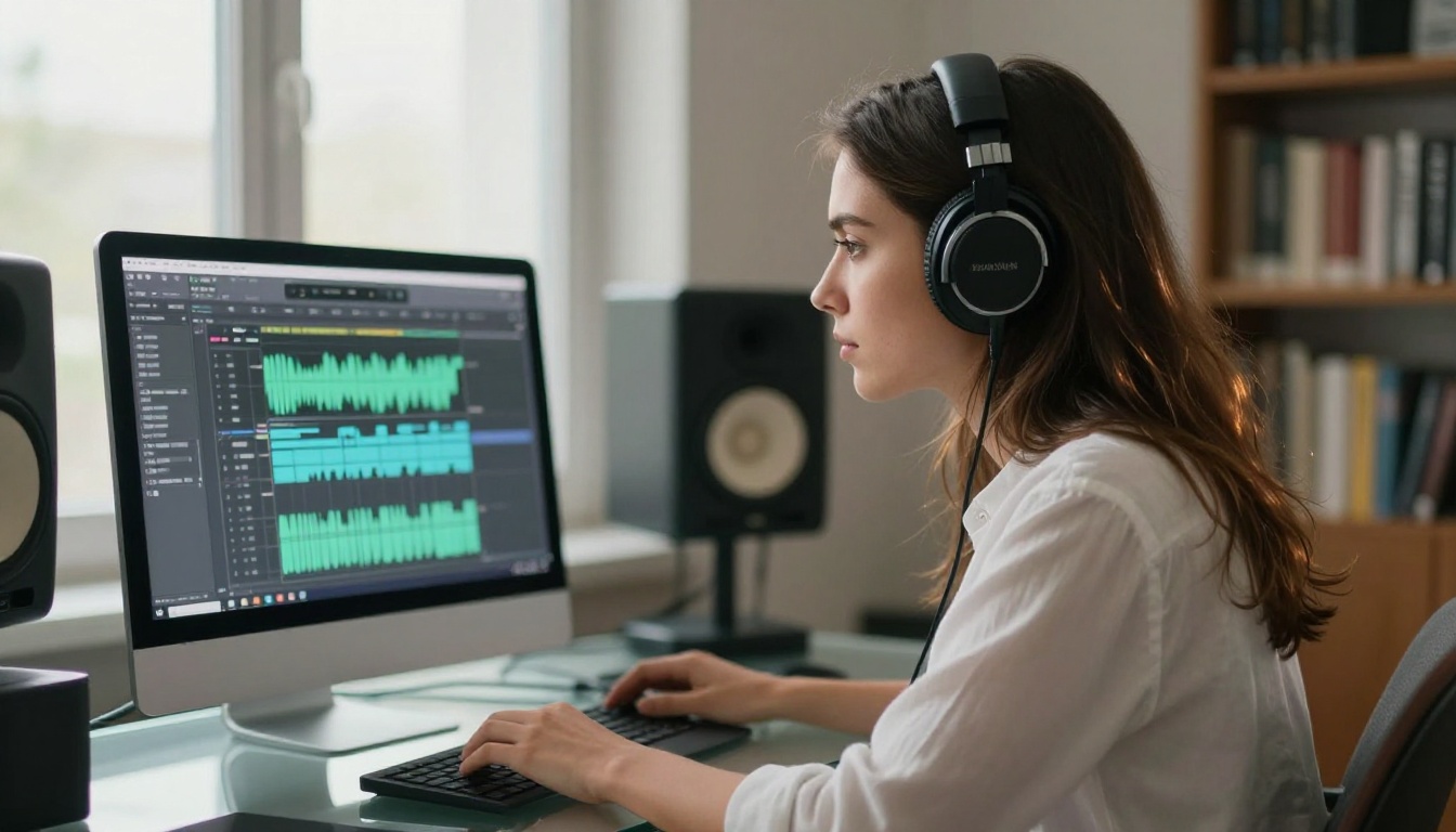 A side-profile portrait of a focused young woman wearing premium studio headphones looking at audio editing software on a laptop