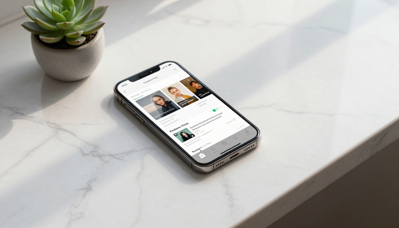 A smartphone lying flat on a marble countertop displaying a podcast publishing platform interface with episode thumbnails and upload progress