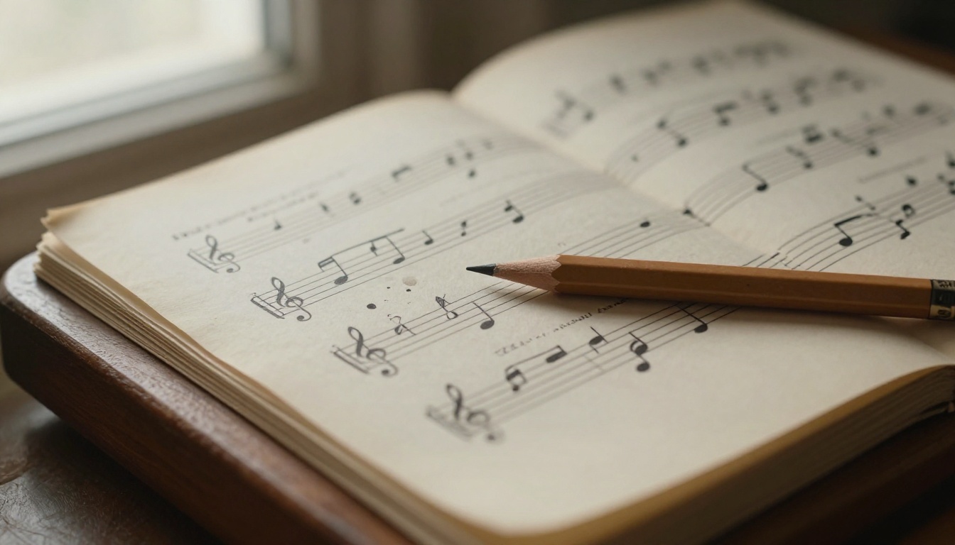Handwritten sheet music with pencil on a cream manuscript page, soft morning light