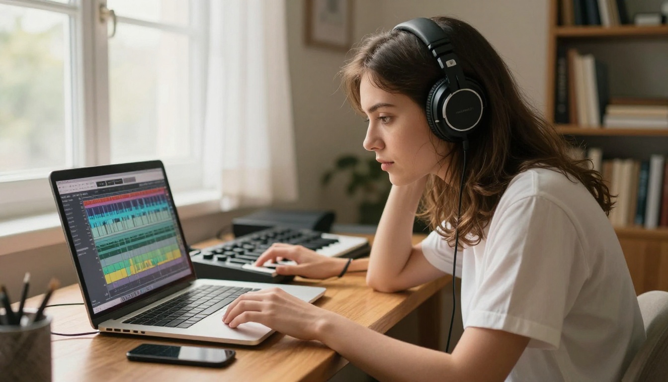 Young woman at a wooden desk with laptop, headphones, and MIDI keyboard in a home studio