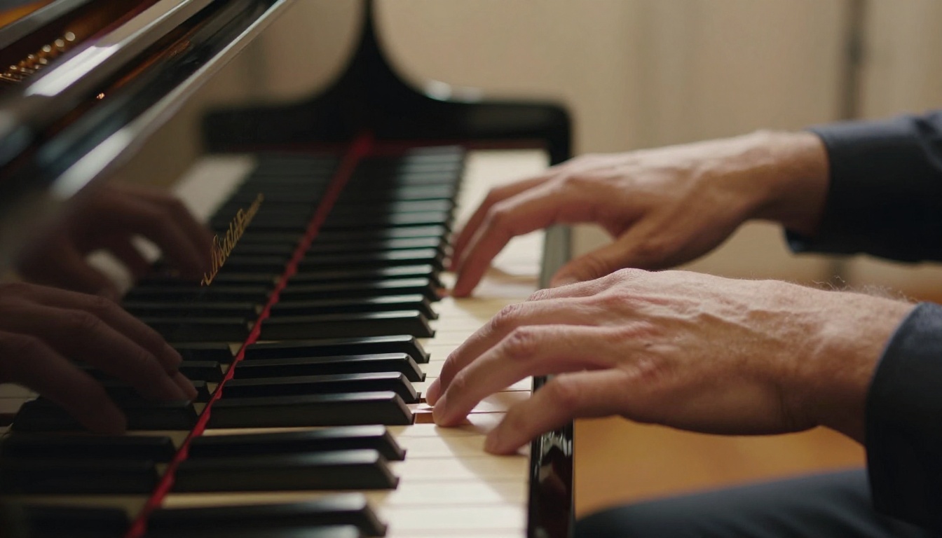 Close-up of pianist's hands on ivory and ebony keys, warm amber stage light