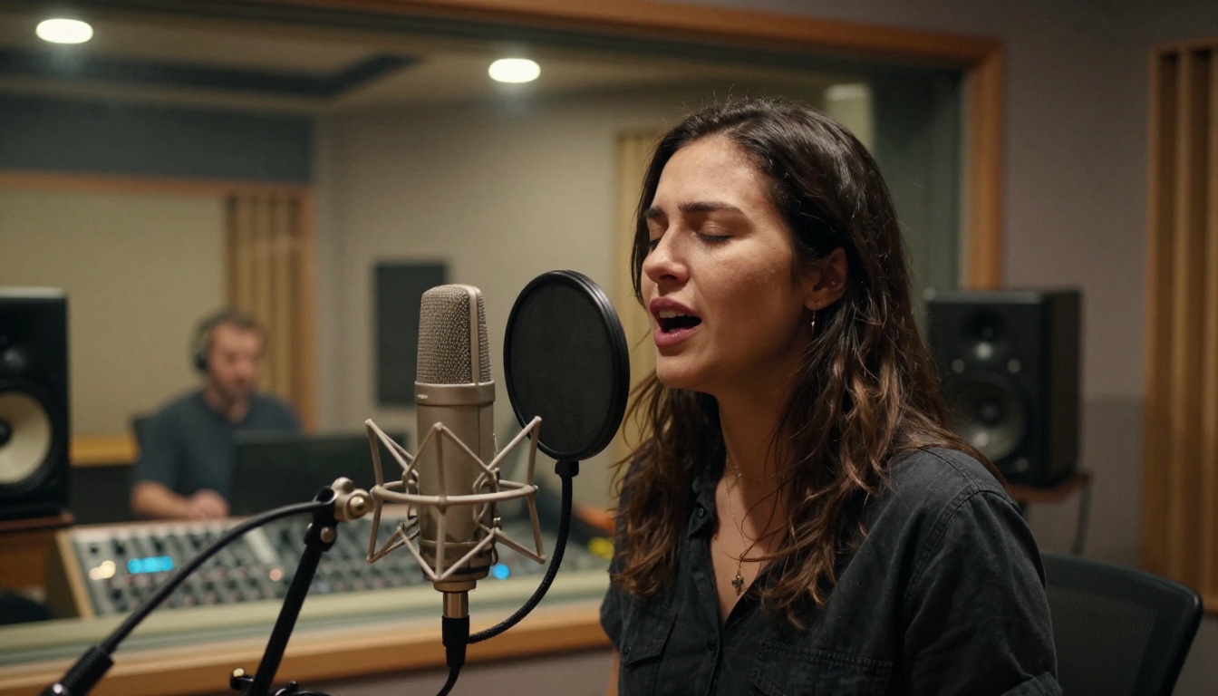 Female vocalist singing in a professional vocal booth, microphone in foreground