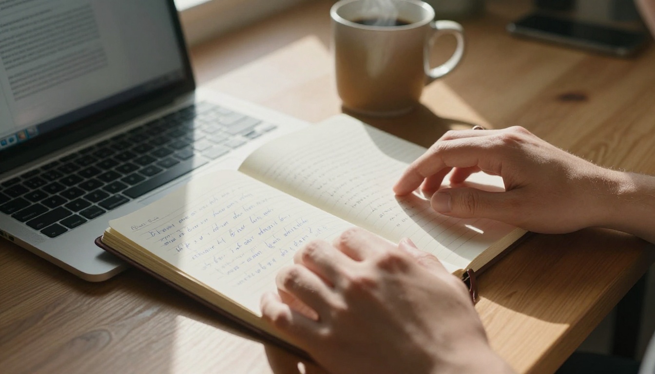 Hands typing on a keyboard with a handwritten lyrics notebook and steaming coffee beside them