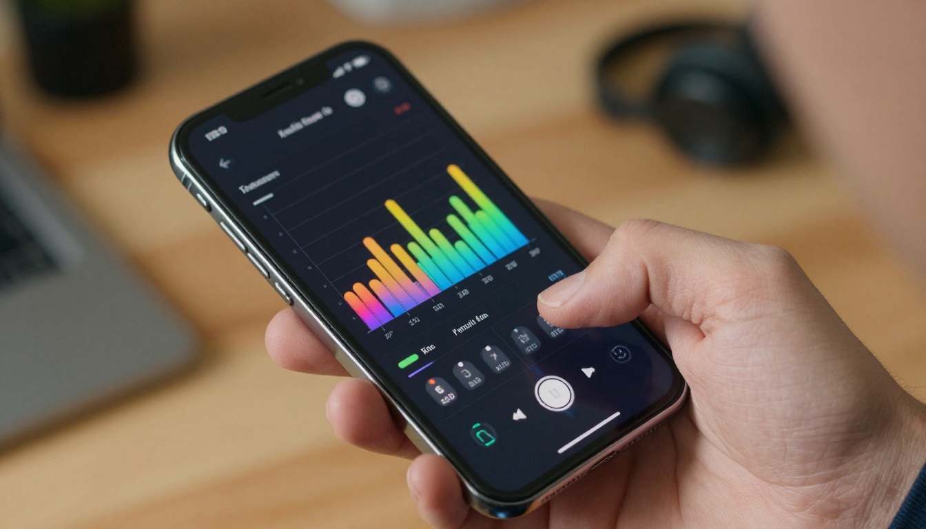 Smartphone displaying a colorful audio spectrum waveform app, held in a hand with warm afternoon light