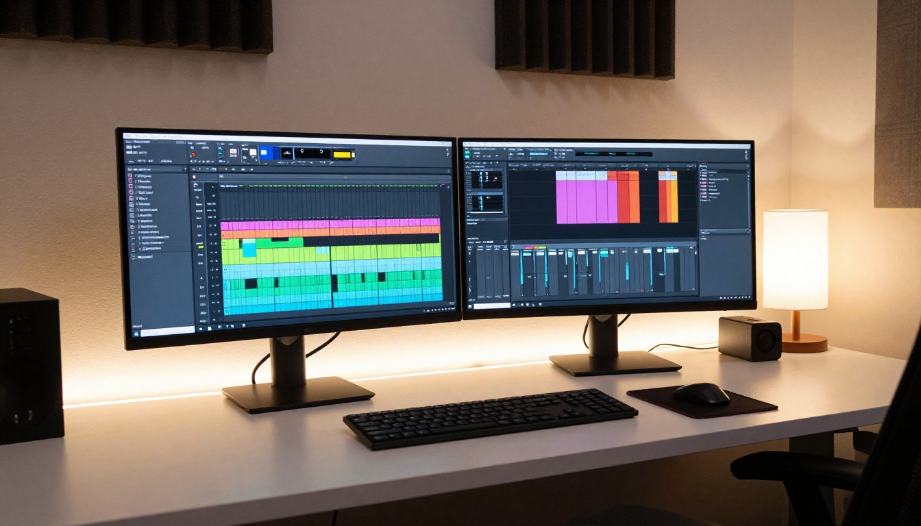 Professional DAW workstation with multi-track audio project on dual monitors in a home studio
