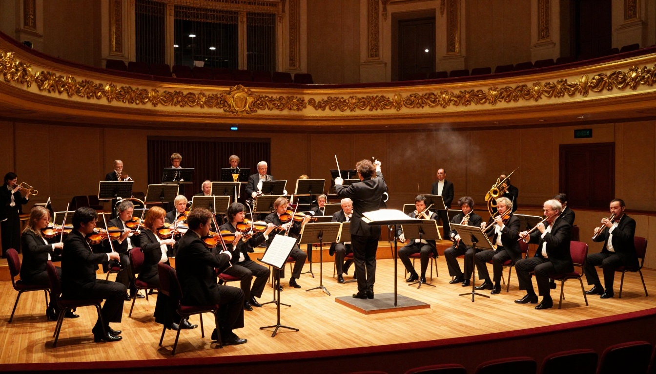 Symphony orchestra performing on a grand stage under warm tungsten spotlights