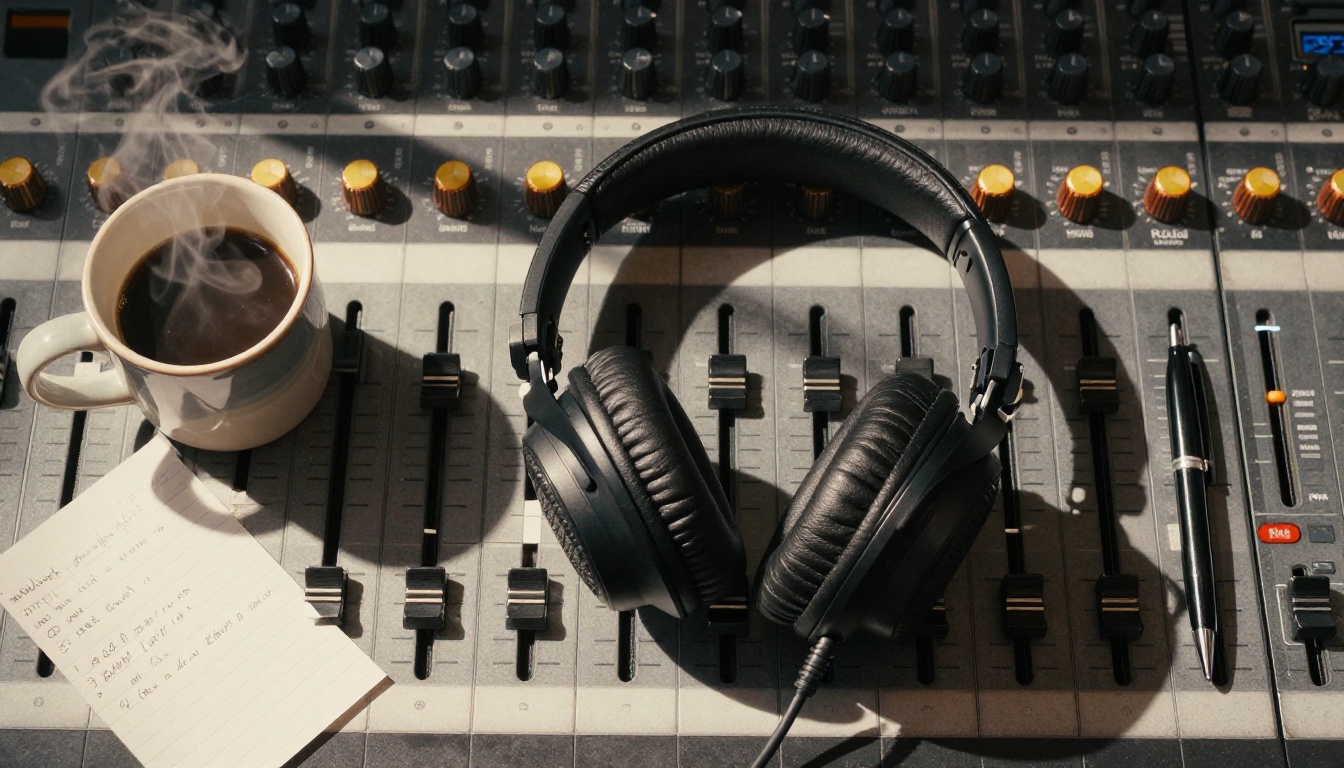 Overhead flat-lay of mixing console with headphones, steaming coffee, and handwritten notes