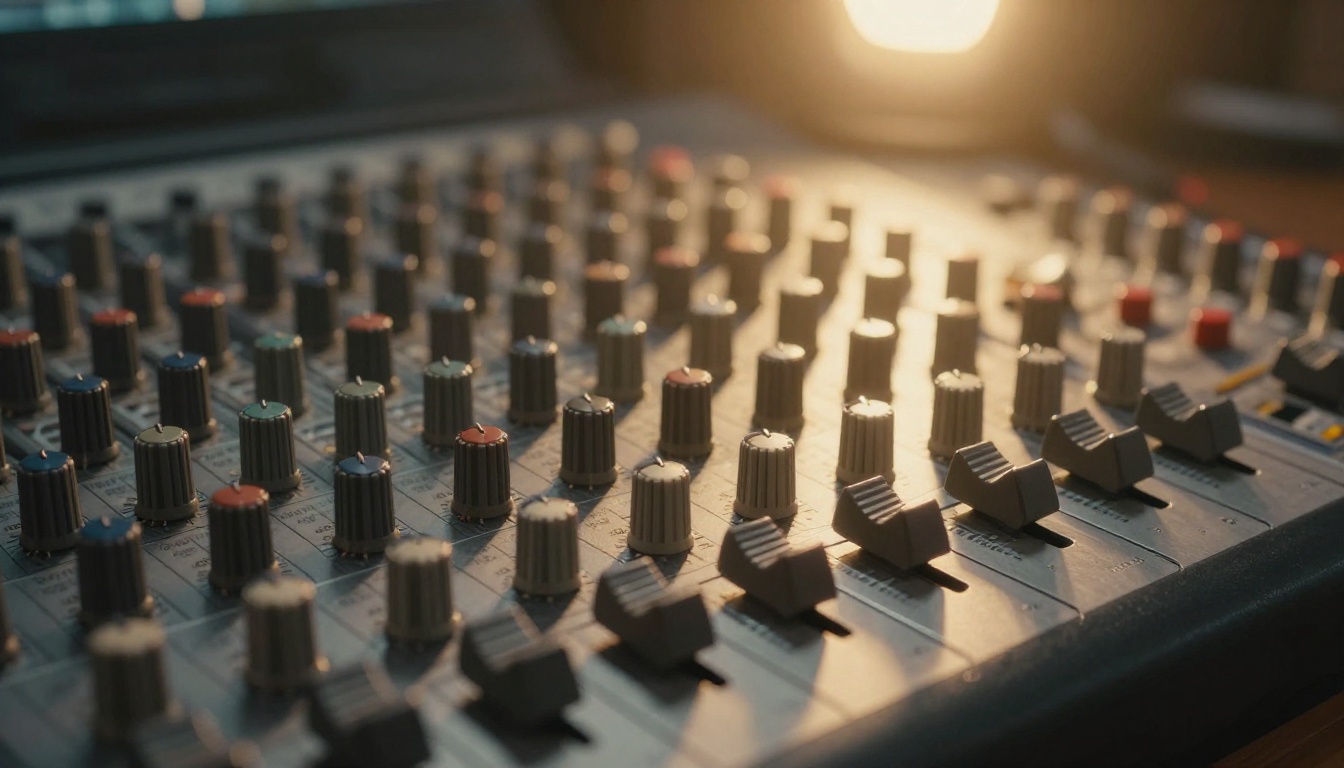 Mixing console close-up with tactile knobs and faders in a professional recording studio