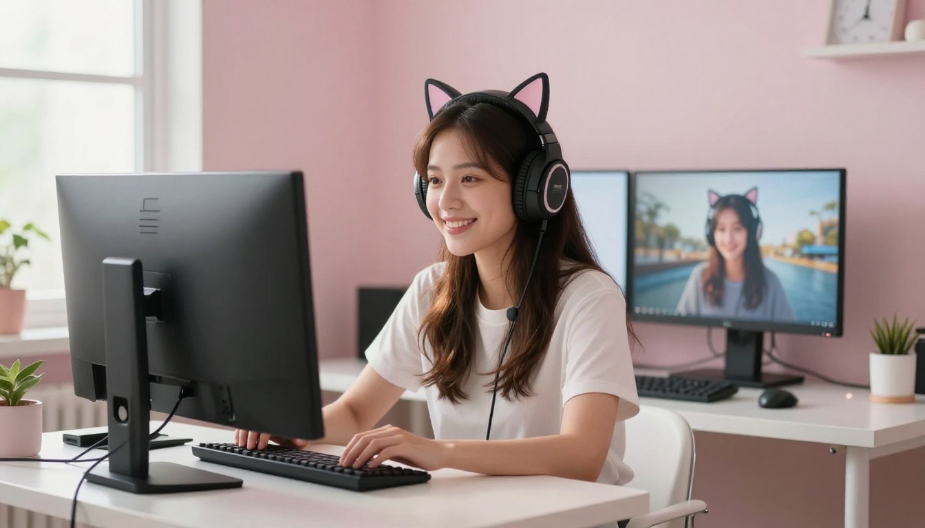 Female streamer with headphones at minimalist white desk, daylight from left, joyful expression