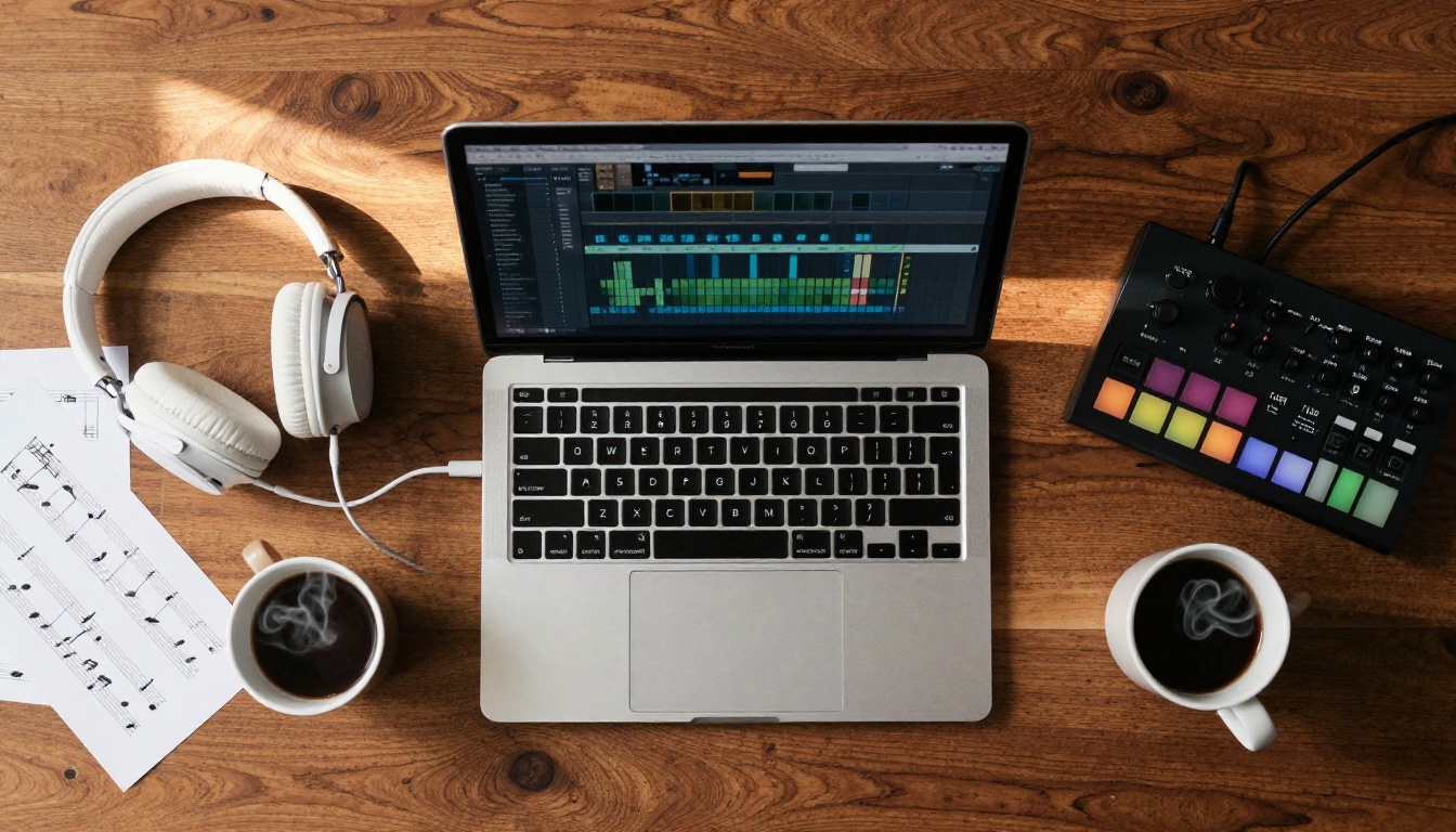 Music production workspace with DAW software, MIDI controller and audio interface from overhead