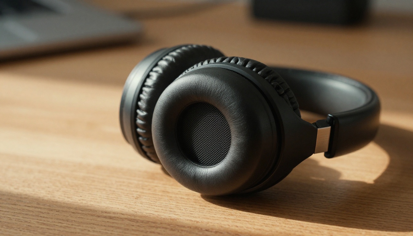 Premium over-ear studio headphones on wooden desk, warm morning light, shallow depth of field