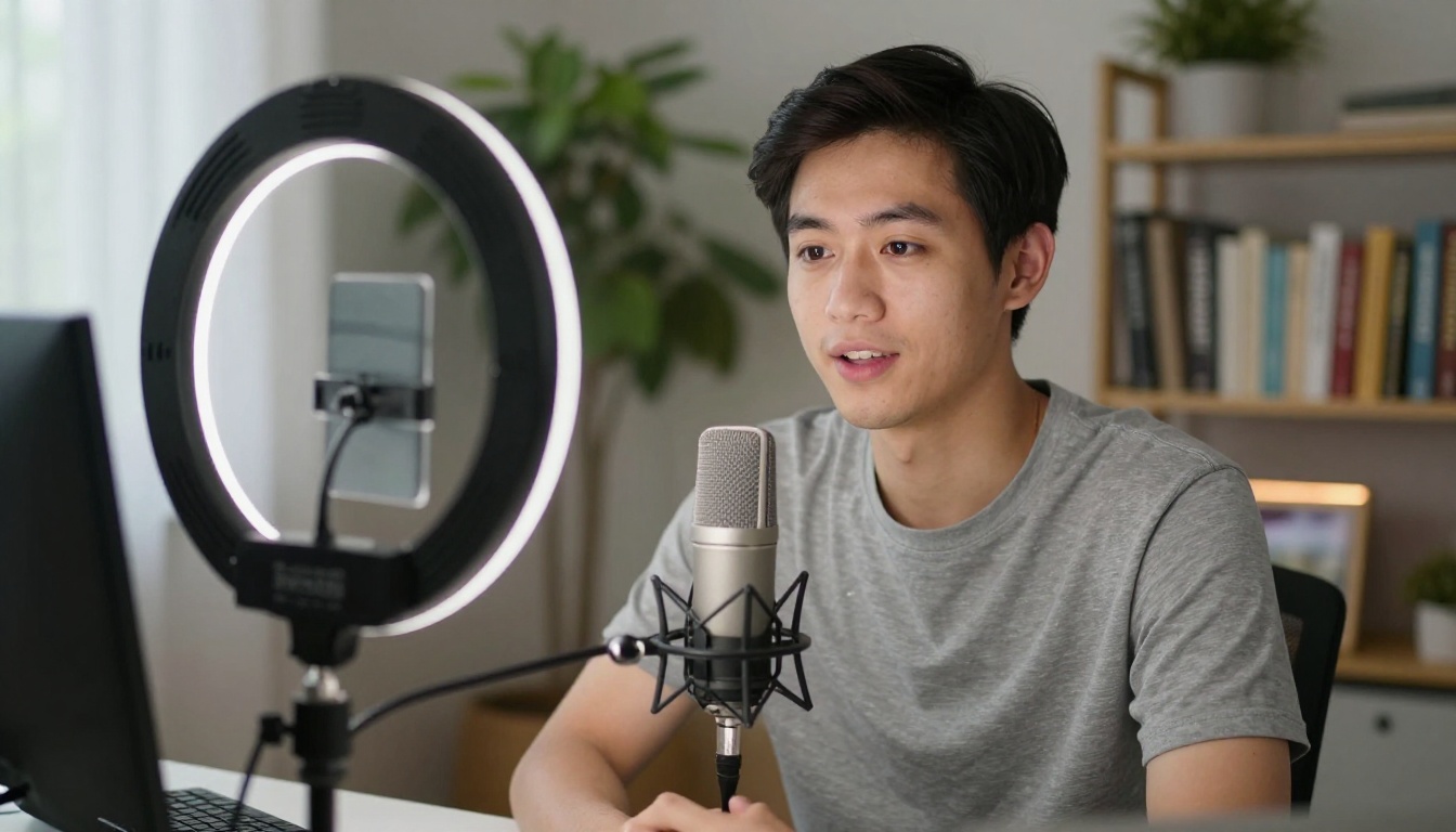 Young male content creator at streaming desk with ring light, microphone, and live streaming interface