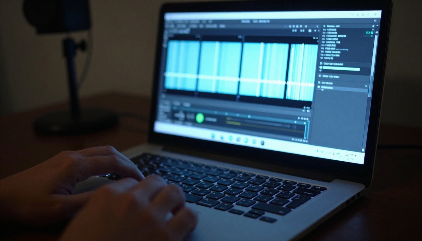 Audio waveform on laptop screen in dark room, blue monitor light on hands, moody atmosphere