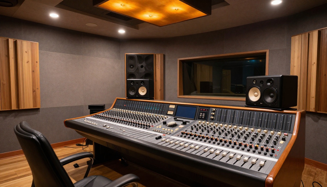 Professional studio control room with mixing console and acoustic panels under warm amber lighting